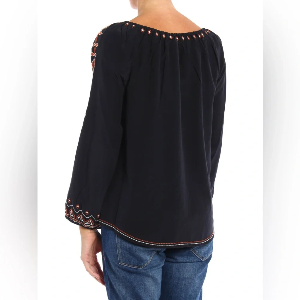 Tory Burch Jessie Black Silk Blouse with Orange Embroidery